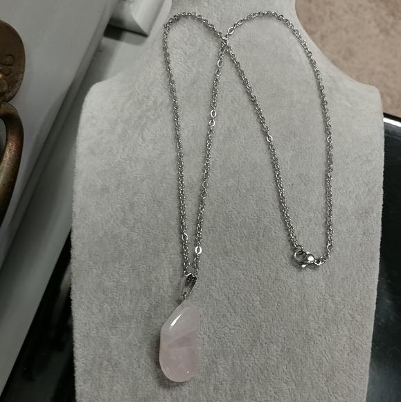 Rose Quartz Necklace Natural Gemstone Pink Crystal Pendant Stainless-Steel Chain - Picture 5 of 17